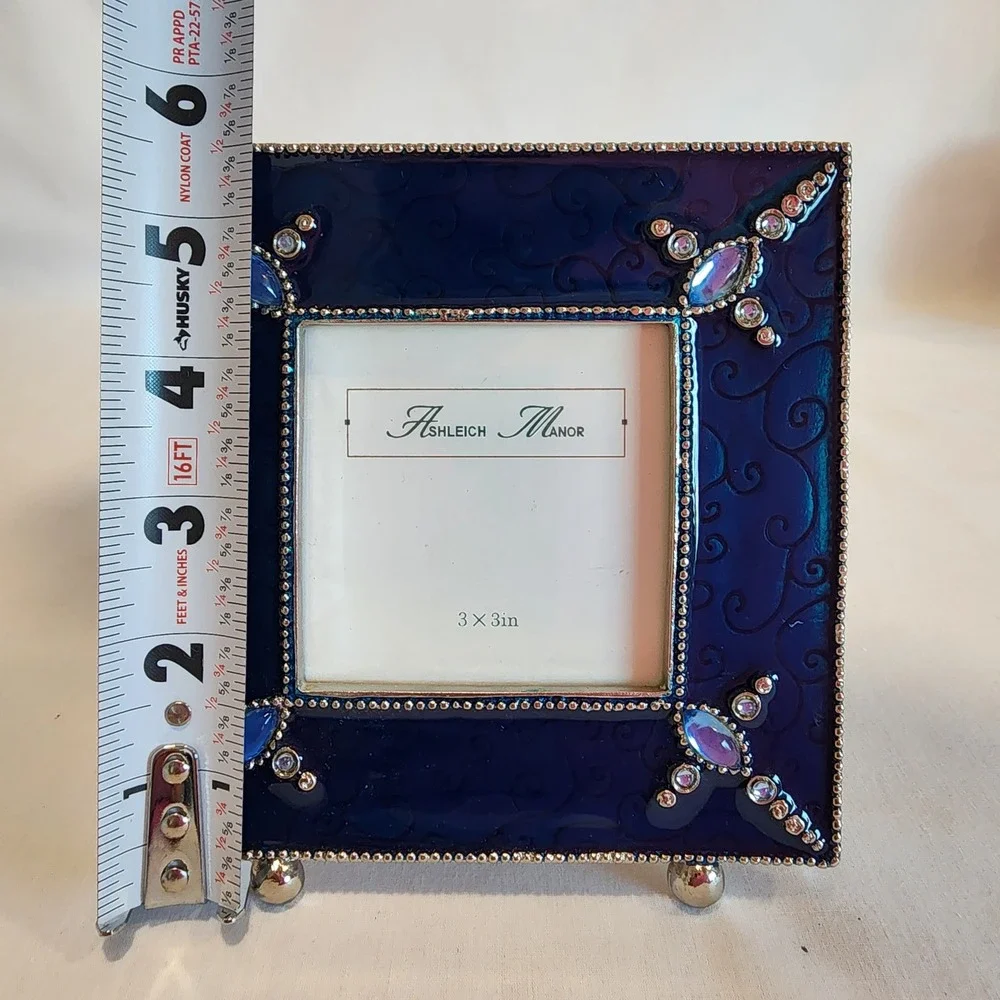 Ashleigh Manor Navy Blue Enamel Rhinestone 3x3 Picture Frame Scroll Silver Tone
